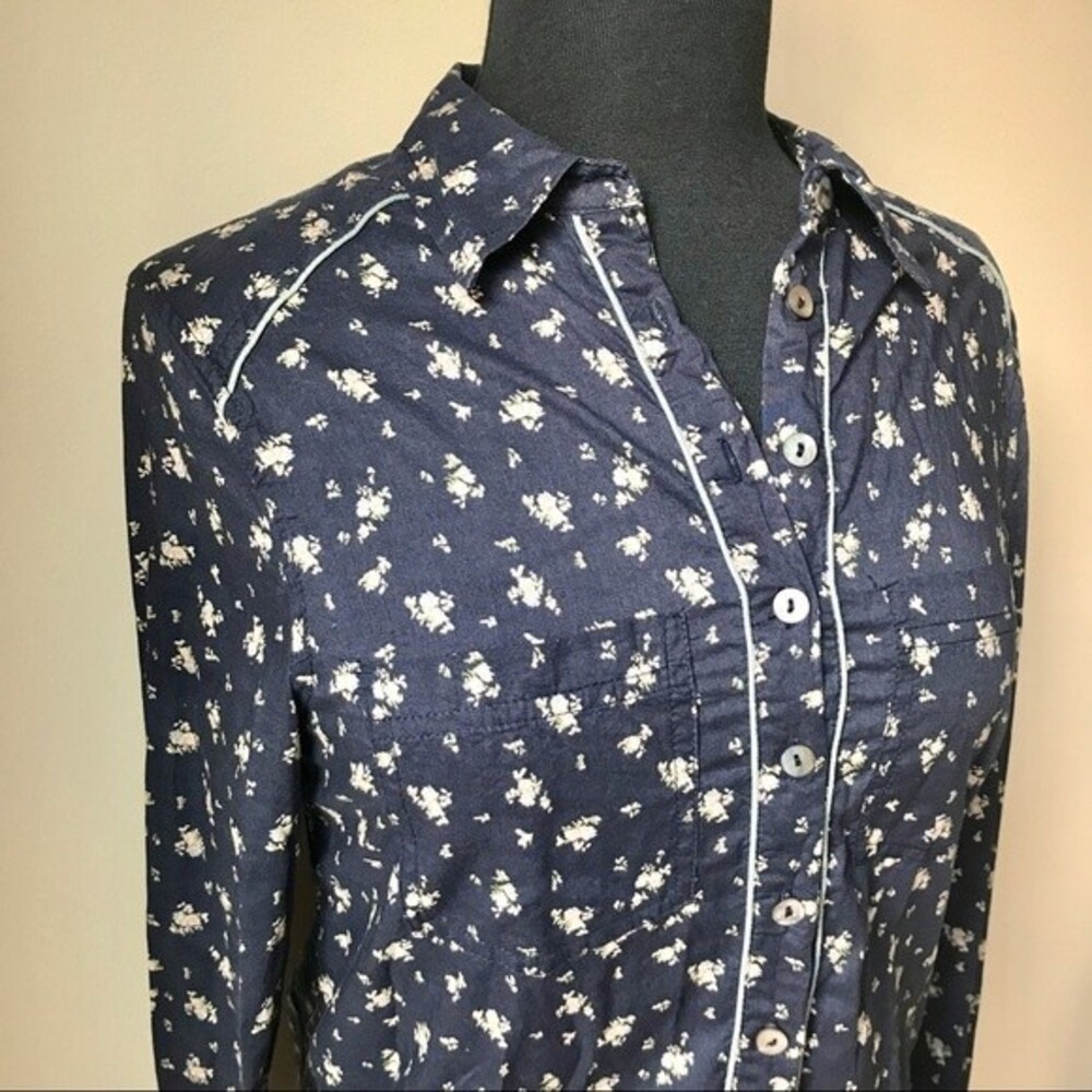 FREE PEOPLE Floral Button Down Top Blue Long Sleeve Blouse 100% Cotton Shirt